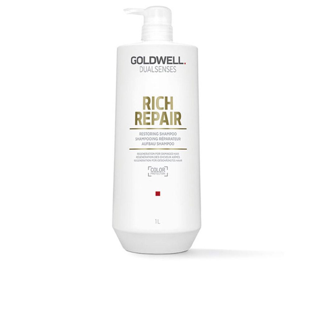 Goldwell Dual Senses Rich Repair Shampoo. Weiße Flasche mit Pumpe. Gelber Schriftzug 'Rich Repair'. Text: Restoring Shampoo. 1L.
