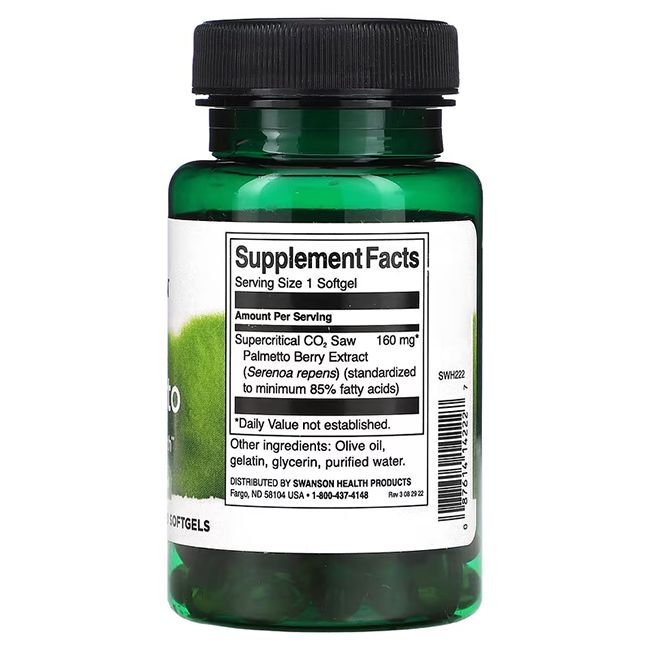 Rückseite einer grünen Flasche. Aufschrift: Supplement Facts, 160 mg Sägepalmenextrakt, Inhaltsstoffe, Swanson Health Products.