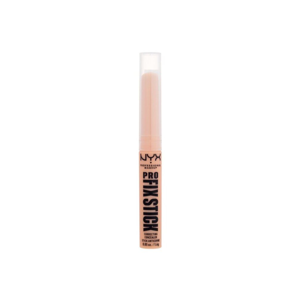 NYX Pro Fix Stick Corrector. Beige Stift mit transparentem Deckel. Produktname und Details in Schwarz aufgedruckt.