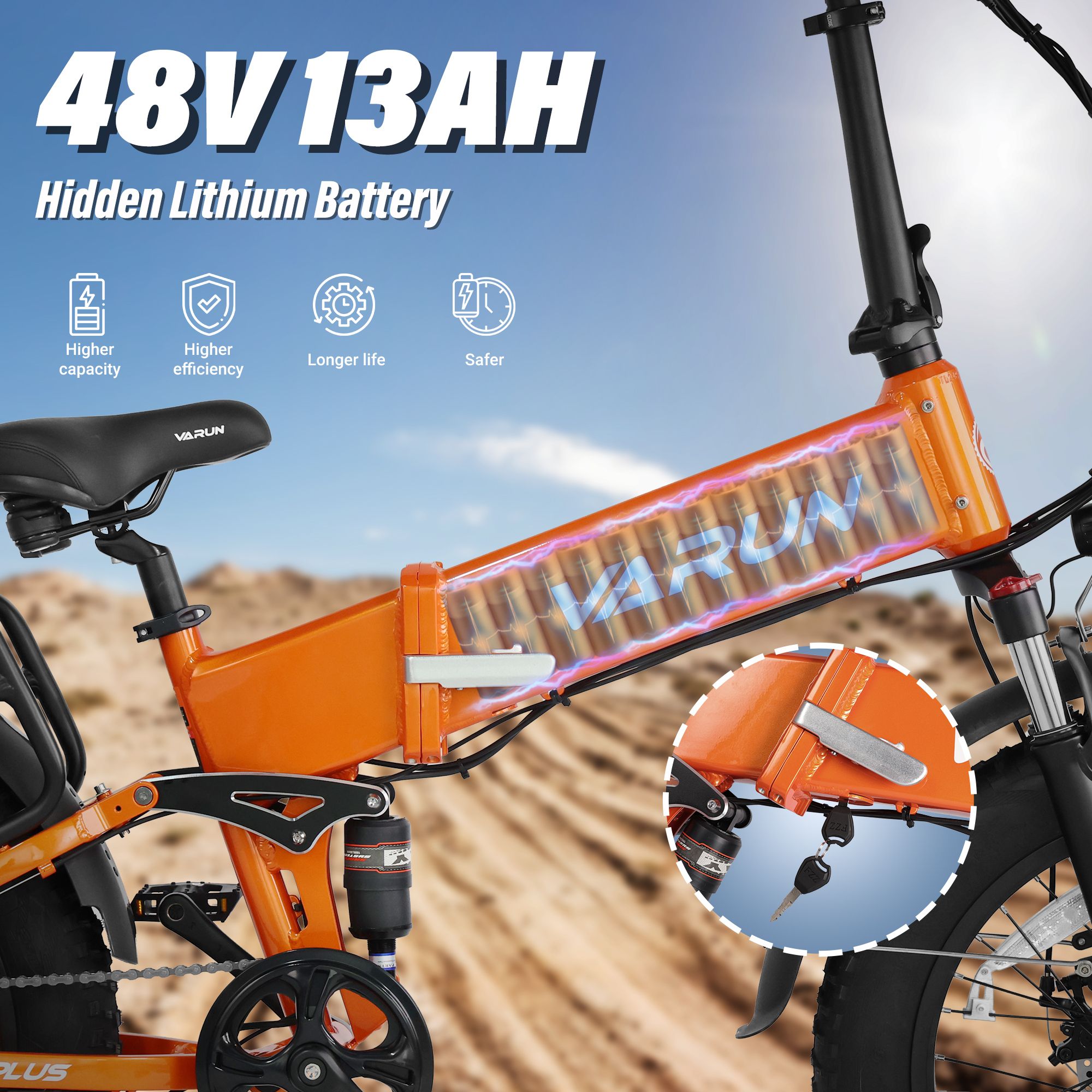 Orange faltbares Elektrofahrrad VARUN S20-2. Sichtbare Batterie, 48V 13Ah. Details: höhere Kapazität, Effizienz, Lebensdauer, Sicherheit.