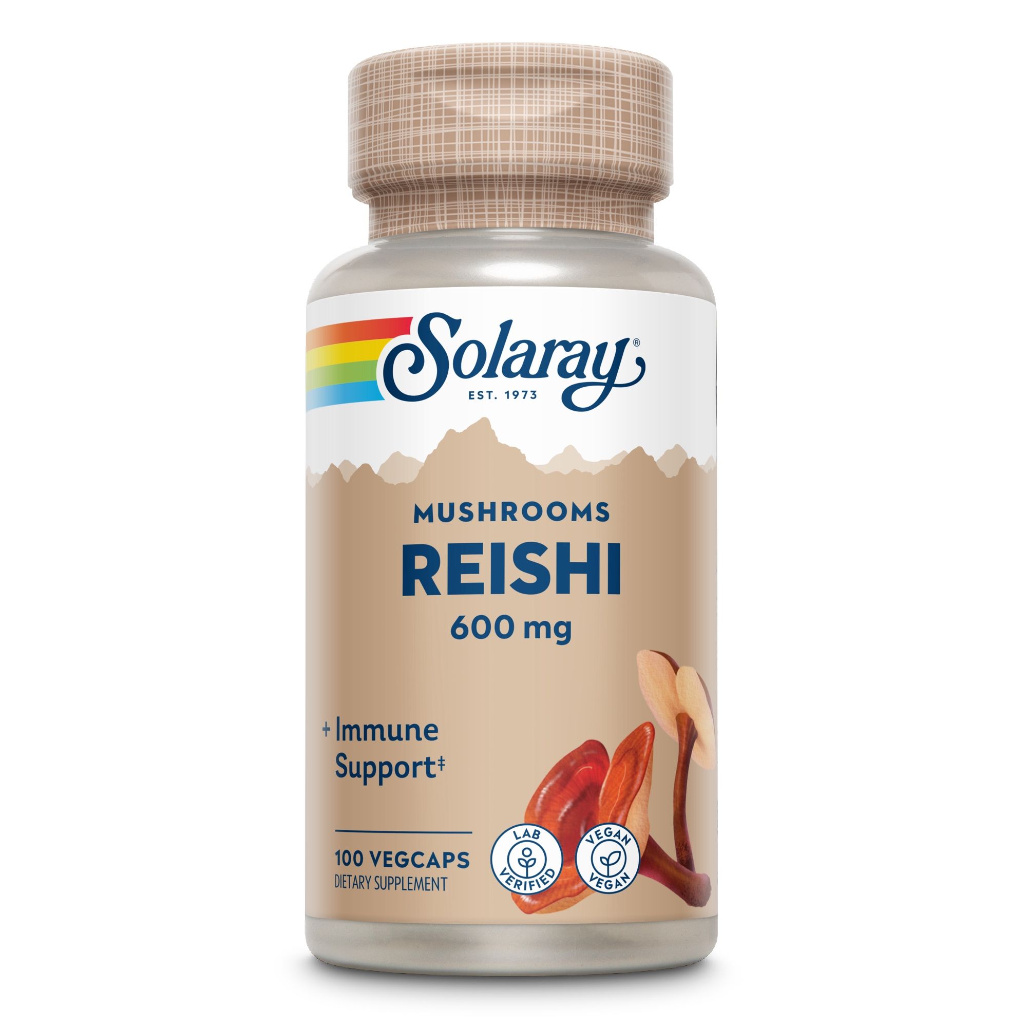 Solaray Reishi Mushroom-Kapseln. Braune Flasche mit weißem Deckel. Text: Reishi, 600 mg, 100 Vegcaps. Logo und Regenbogen.