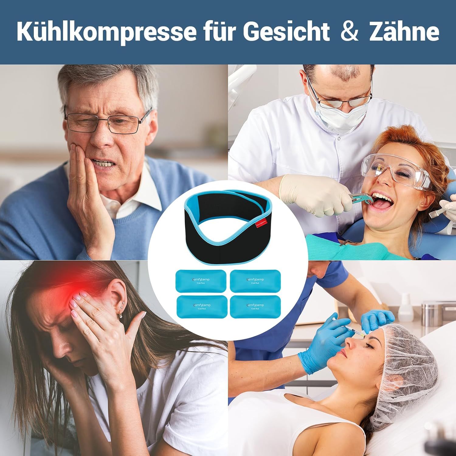 Kühlkompresse für Gesicht und Zähne, mit vier Kühlpacks und Bandage.