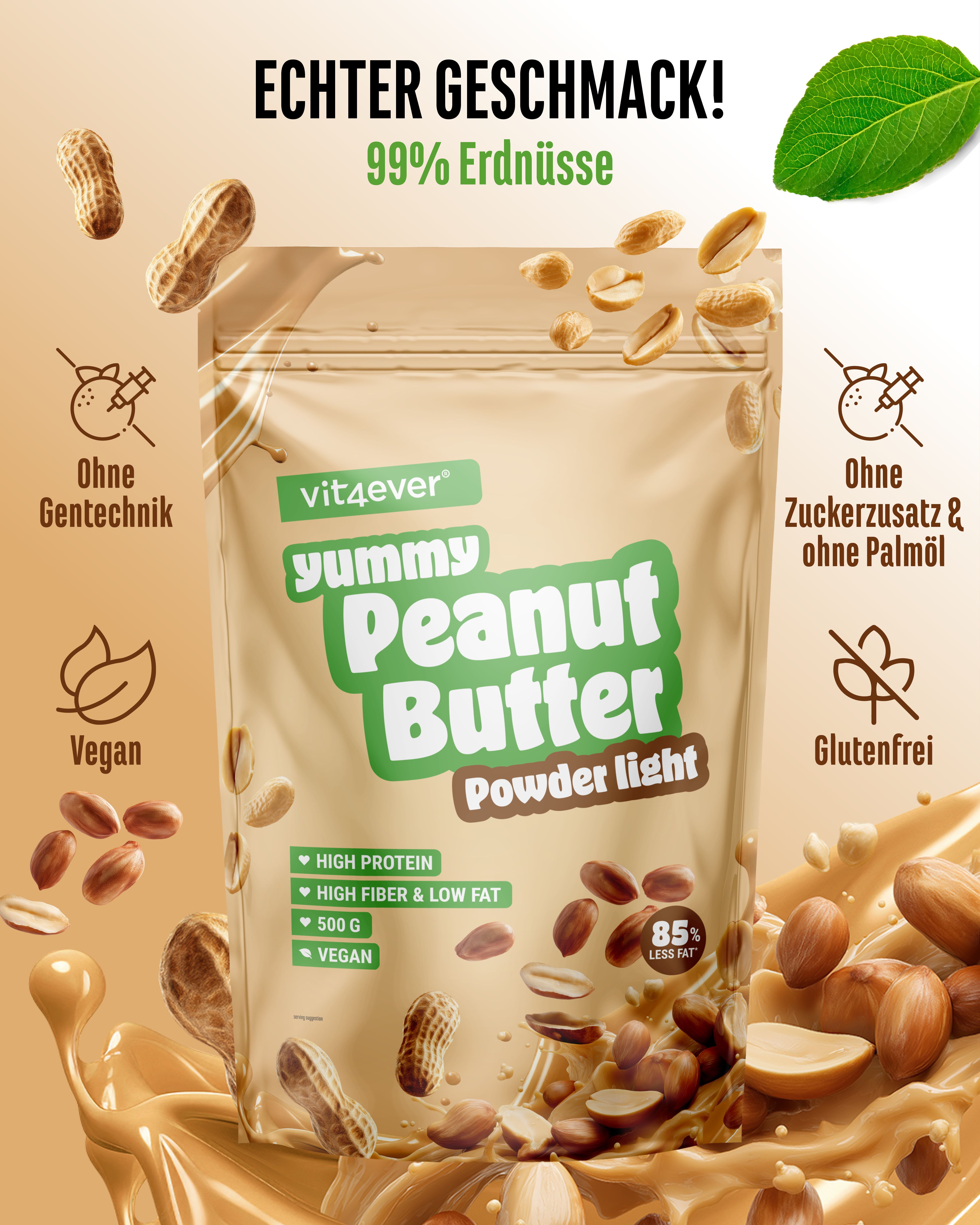 Verpackung von vit4ever Yummy Peanut Butter - Light Powder. Enthält 99% Erdnüsse. Ohne Gentechnik, Zuckerzusatz & Palmöl, Glutenfrei, Vegan.