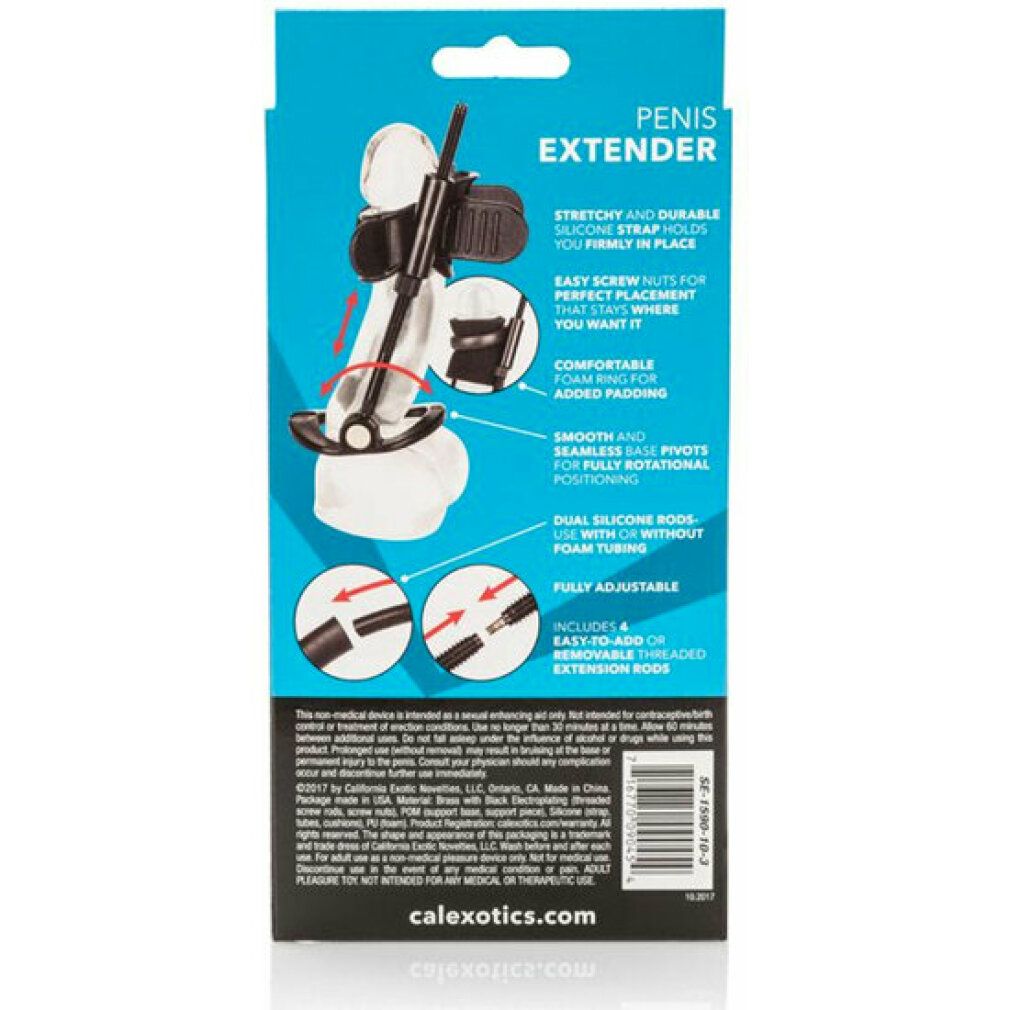 Rückseite der Verpackung eines schwarzen Penis-Extenders mit Produktinformationen und Abbildungen.