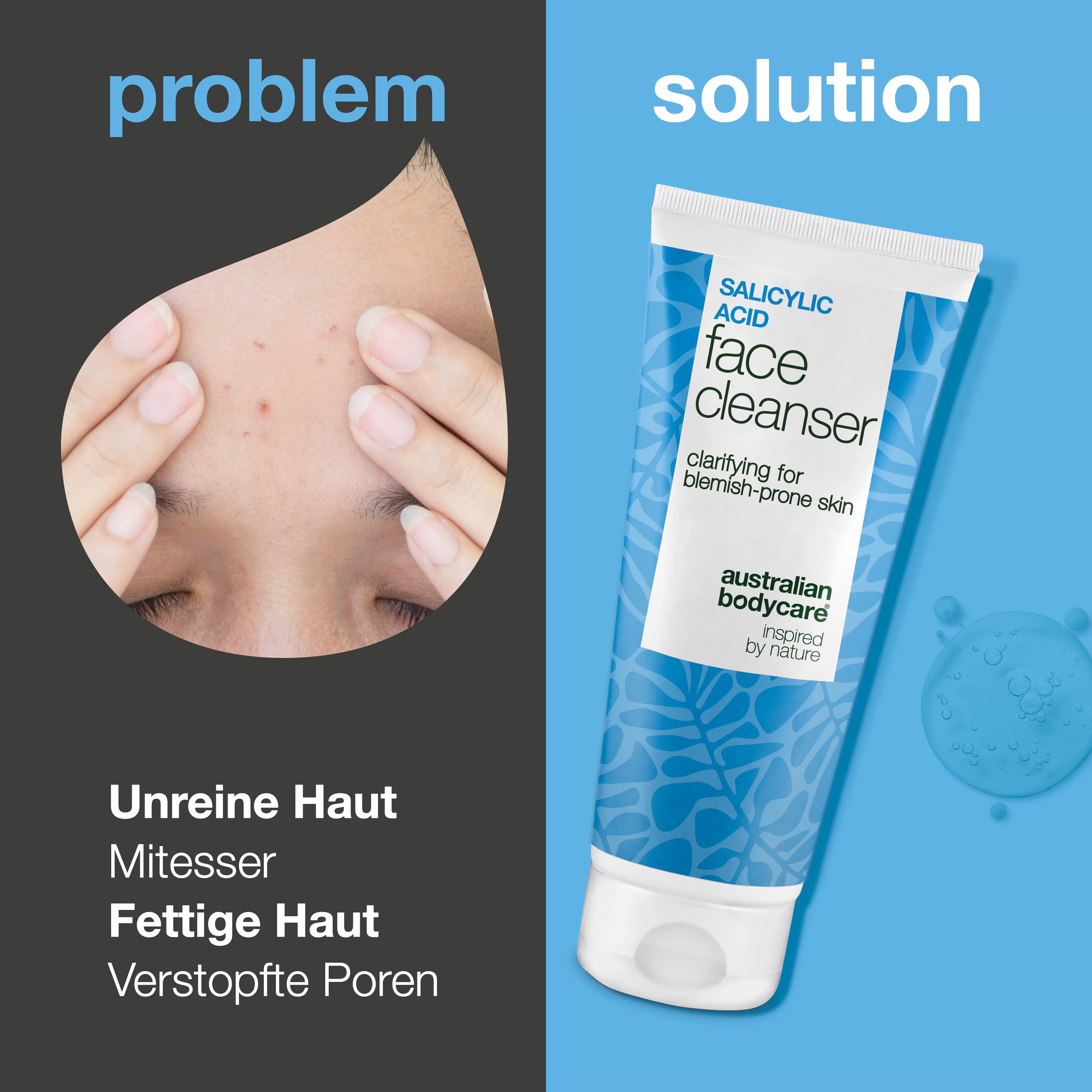 Gesicht mit Hautunreinheiten. Daneben Tube "Salicylic Acid Face Cleanser". Text: Problem/Solution.