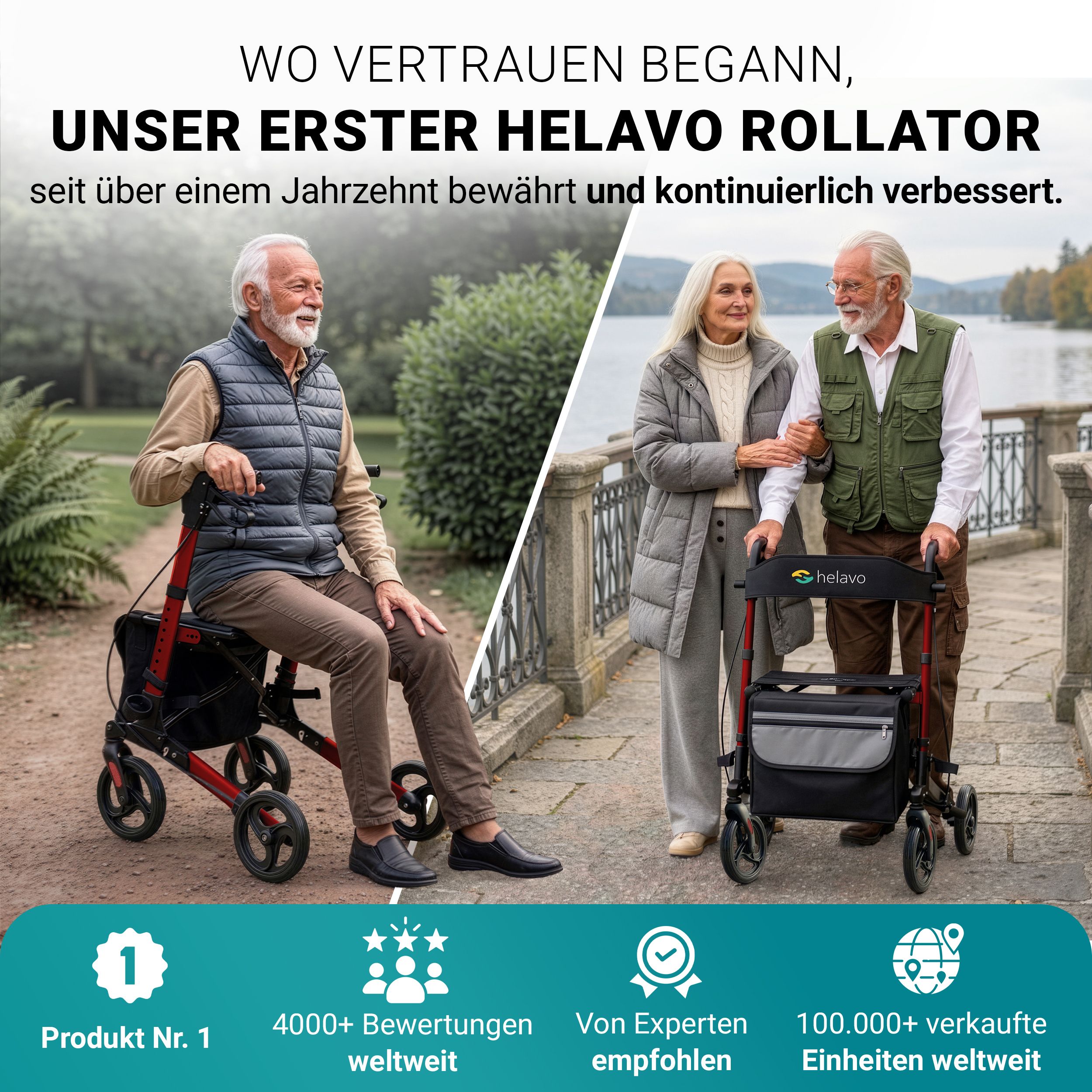 Helavo Rollator in Rot und Schwarz, mit Sitz und Tasche. Für Senioren im Park.