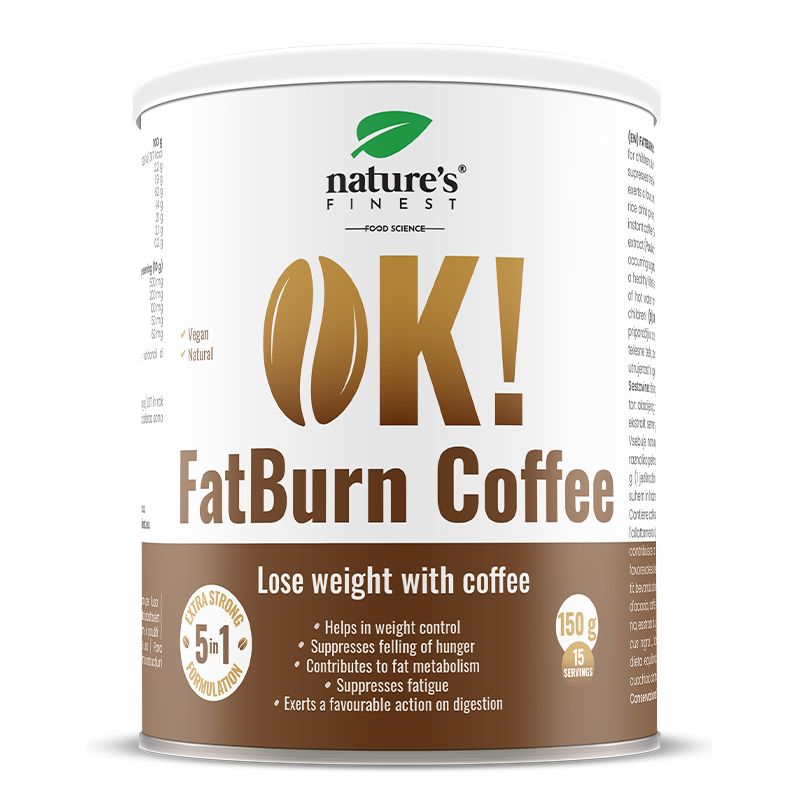 Weißes Produktgehäuse mit braunem Deckel. Aufschrift: OK! FatBurn Coffee. Logo: grünes Blatt und Kaffeebohne.