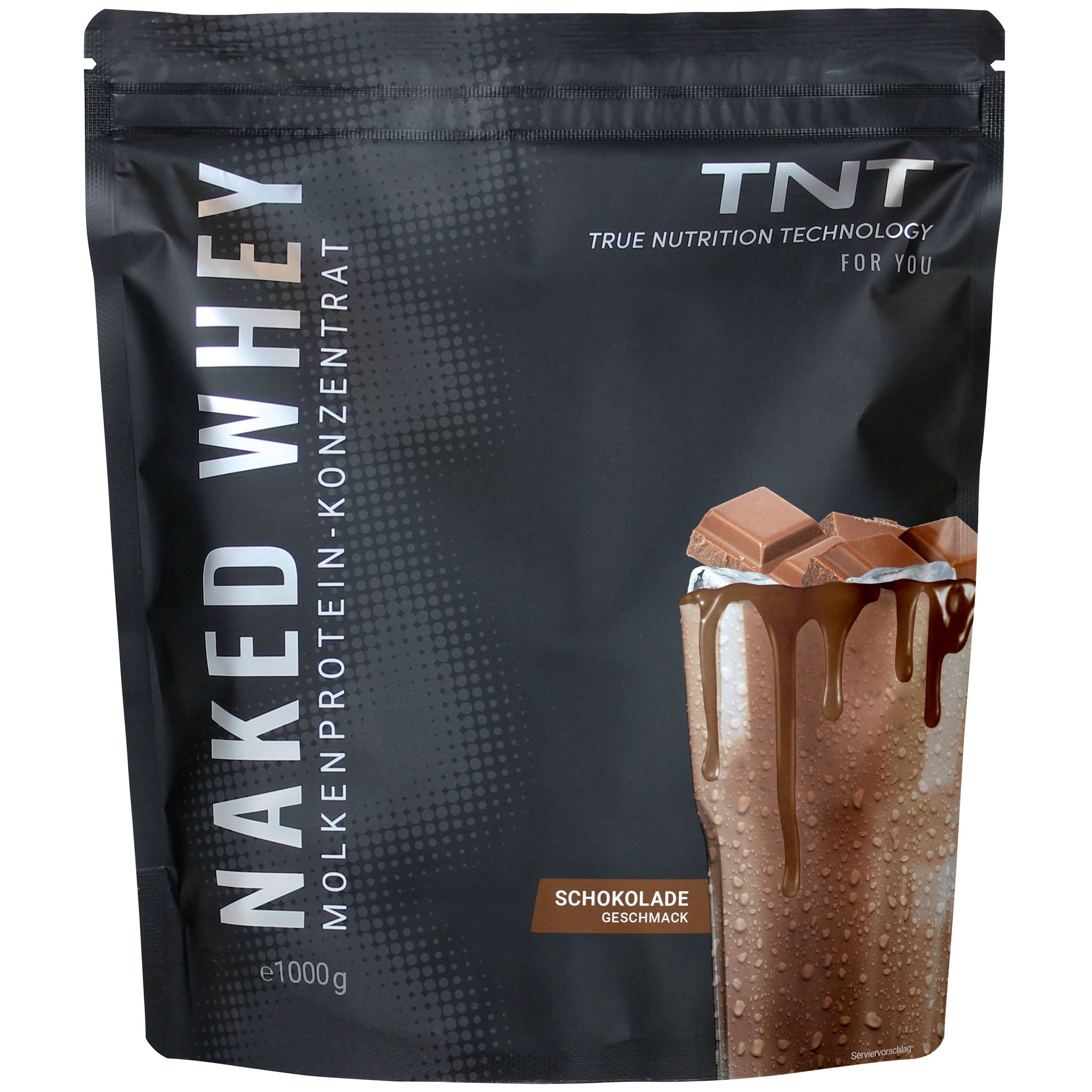 Schwarze Verpackung mit TNT Naked Whey. Schokoladen-Geschmack. Abbildung eines Shakes mit Schokoladenstückchen.