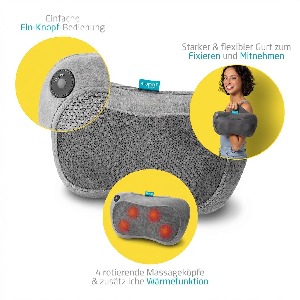 Graues Shiatsu-Massagekissen mit Nahaufnahmen der Bedienung und Massageköpfe.