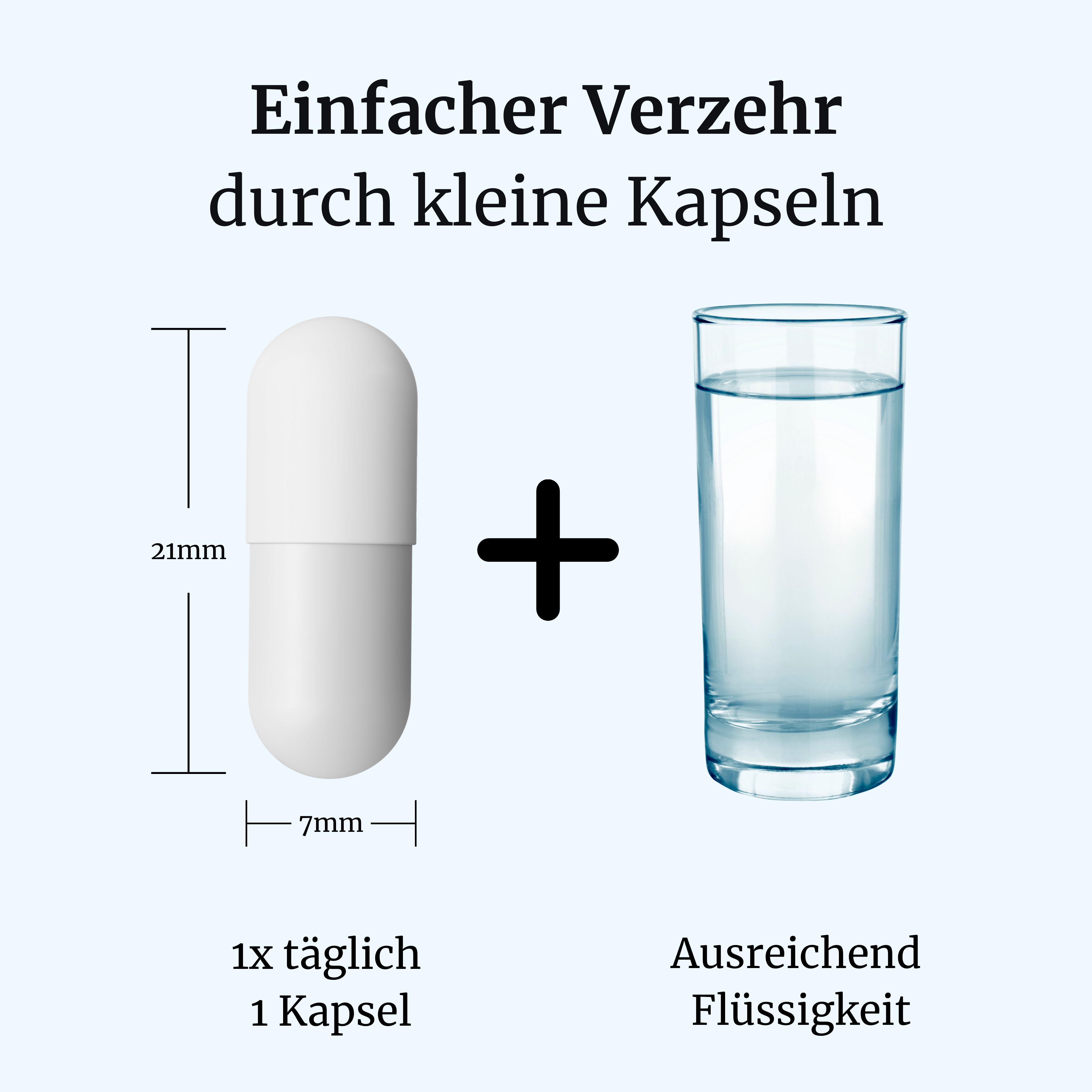 Eine GastroVia® Kapsel (21x7mm) neben einem Glas Wasser. Anweisung: 1 Kapsel täglich mit Flüssigkeit.