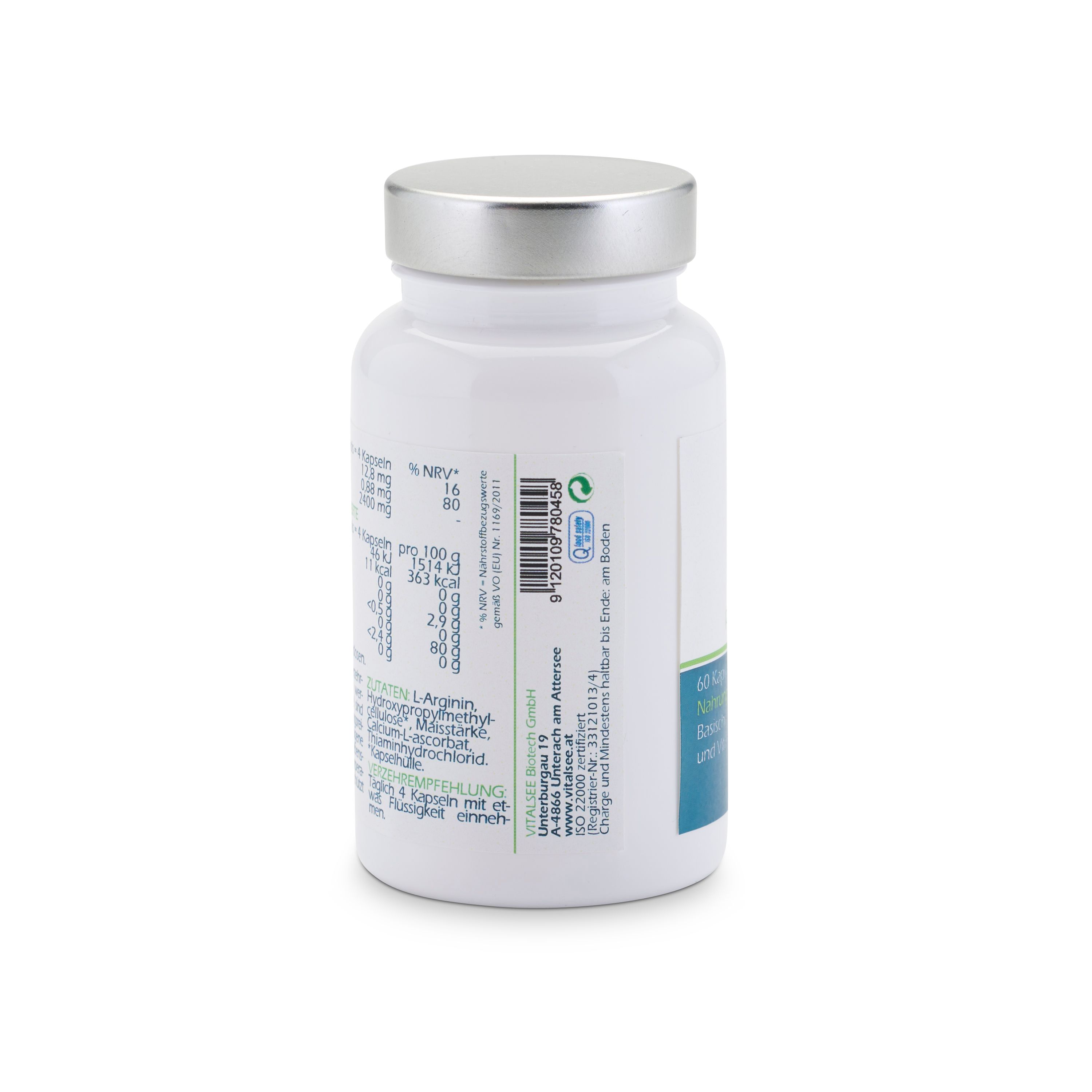Rückseite der weißen Flasche. Enthält Informationen zu Inhaltsstoffen, Nährwerten und Verzehrempfehlung. Barcode sichtbar.