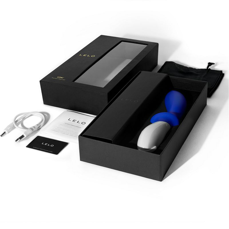 Lelo Loki Prostatamassager, Ladekabel, Tasche, Karte und Anleitung.