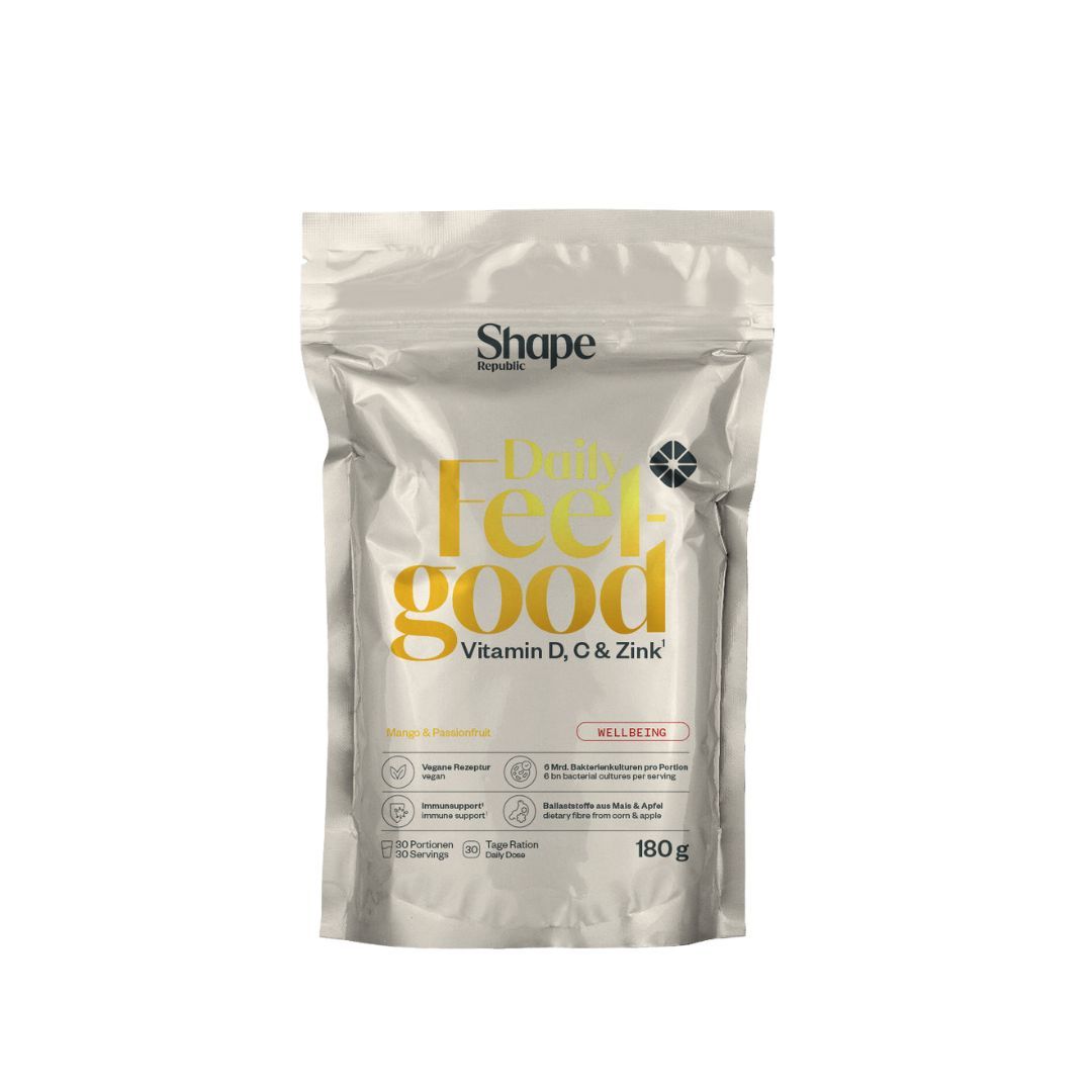 Silberfarbener Beutel mit Daily Feelgood. Enthält Vitamin D, C & Zink. Mango & Passionsfrucht. Vegan, glutenfrei, ohne Zuckerzusatz, 180g.