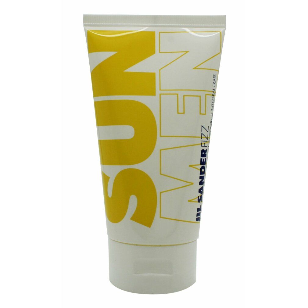 Weiß-gelbe Tube mit Aufschrift SUN MEN und Jil Sander Fizz. Deckel unten. Produktverpackung.