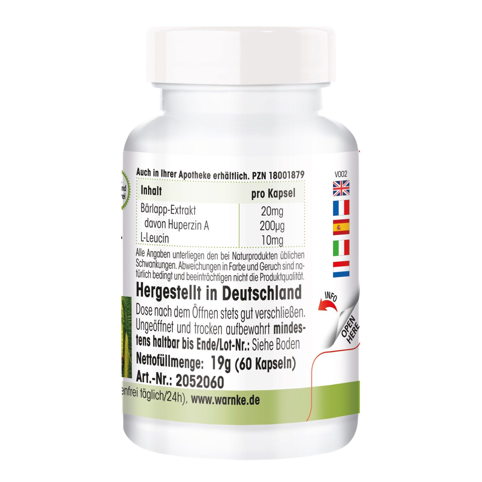 Rückseite der weißen Flasche. Text: Inhalt pro Kapsel, hergestellt in Deutschland, Nettomenge 19g (60 Kapseln).