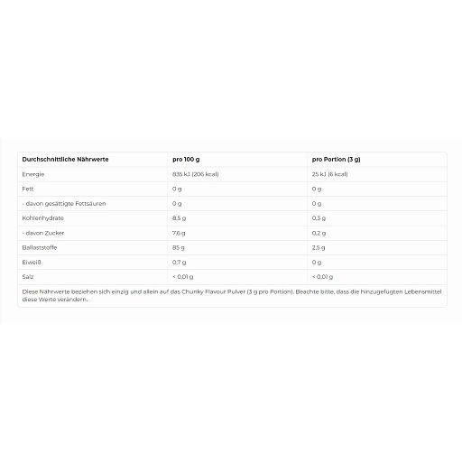 Nährwerttabelle mit Angaben pro 100g und pro Portion (3g). Enthält Informationen zu Energie, Fett, Kohlenhydraten, Zucker, Ballaststoffen, Eiweiß und Salz.