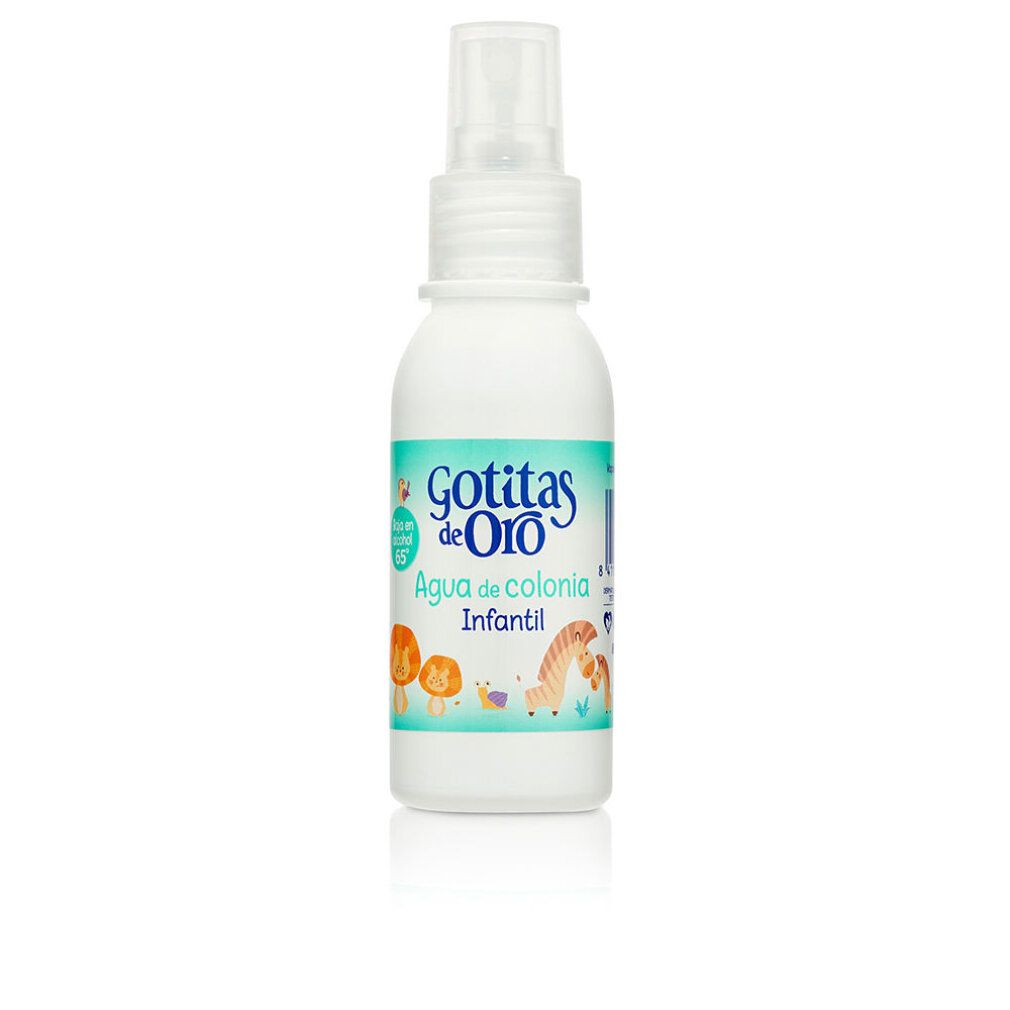 Weiße Flasche mit Zerstäuber. Aufschrift: Gotitas de Oro, Agua de colonia Infantil. Illustrationen von Tieren.