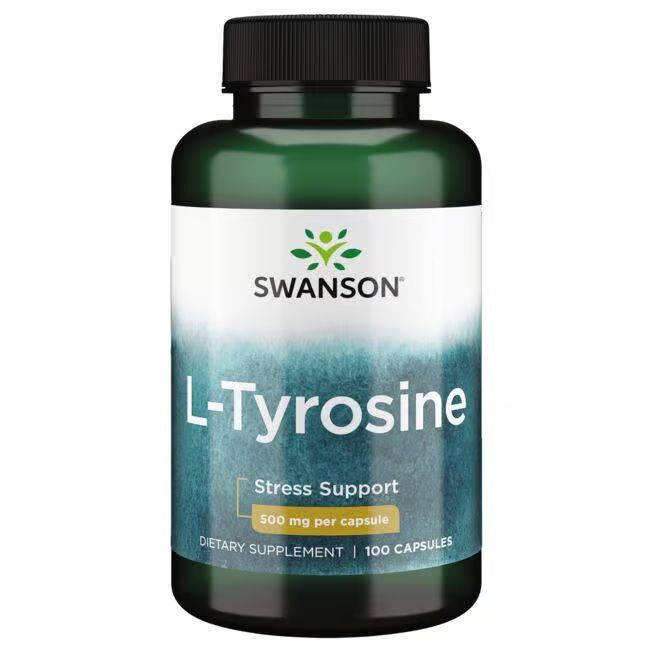 Grüne Flasche mit weißem Etikett. Aufschrift: SWANSON L-Tyrosin, 500 mg pro Kapsel, 100 Kapseln.