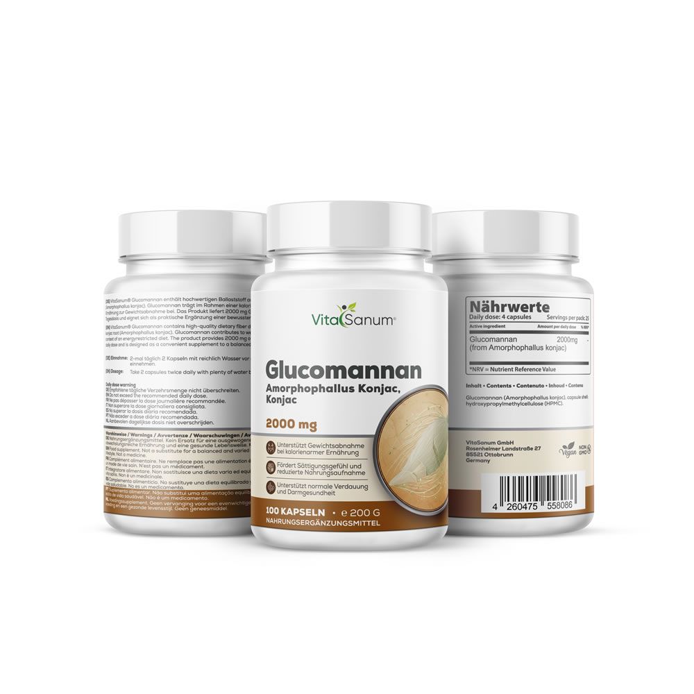 Drei Flaschen mit Kapseln. Aufschrift: VitaSanum, Glucomannan 2000 mg. Abbildung Konjak-Wurzel. 100 Kapseln. Nährwerte.