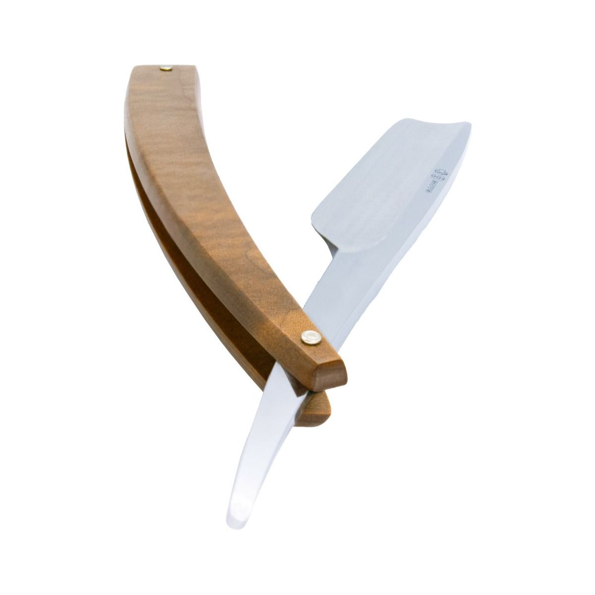 Rasiermesser mit Holzgriff. Klinge aus Metall, Griff aus hellem Holz. Geöffnet, Klinge sichtbar. DOVO Solingen.