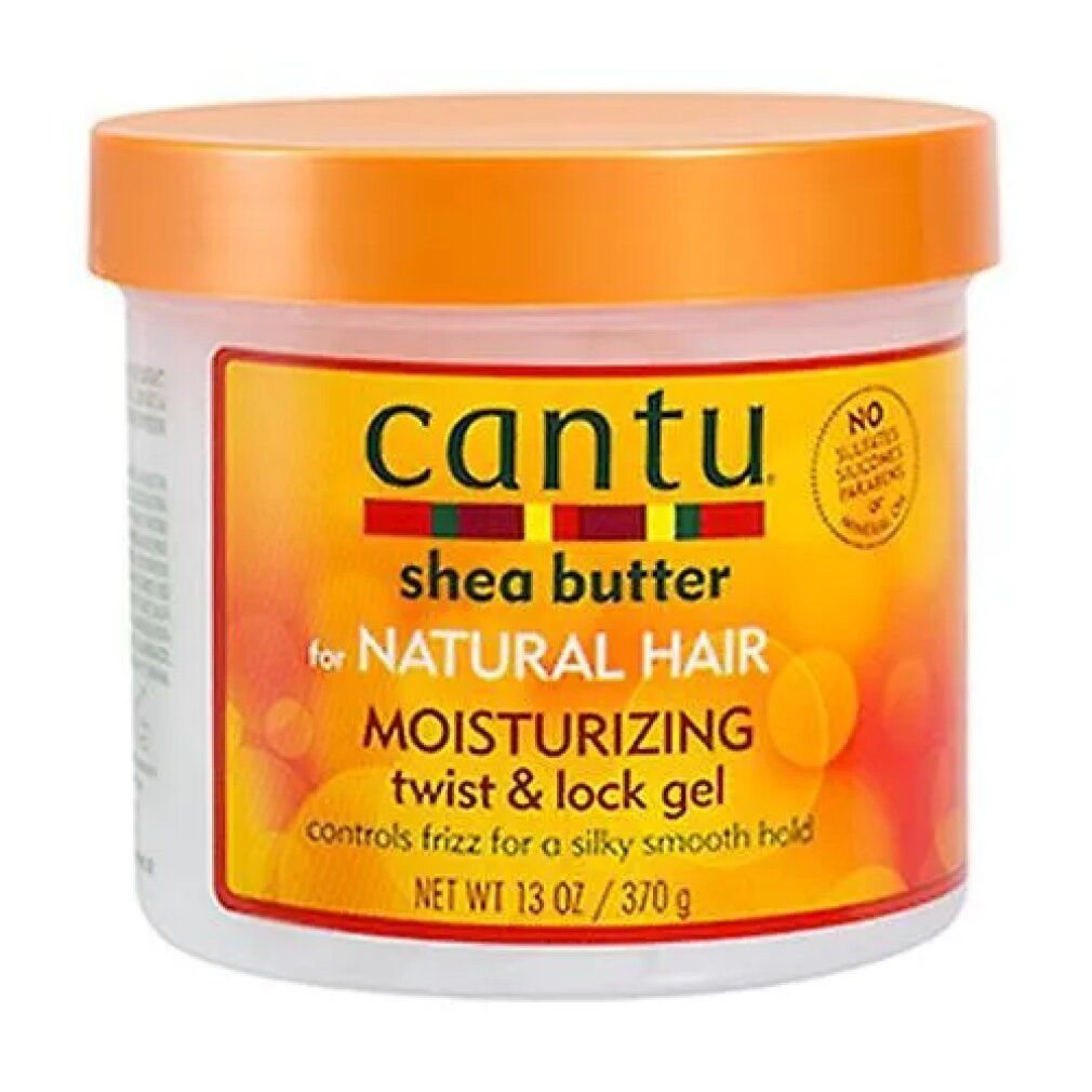 Runder Behälter mit orangefarbenem Deckel. Aufschrift: Cantu, Shea Butter, für Natural Hair, Moisturizing Twist & Lock Gel. 13 oz / 370 g.