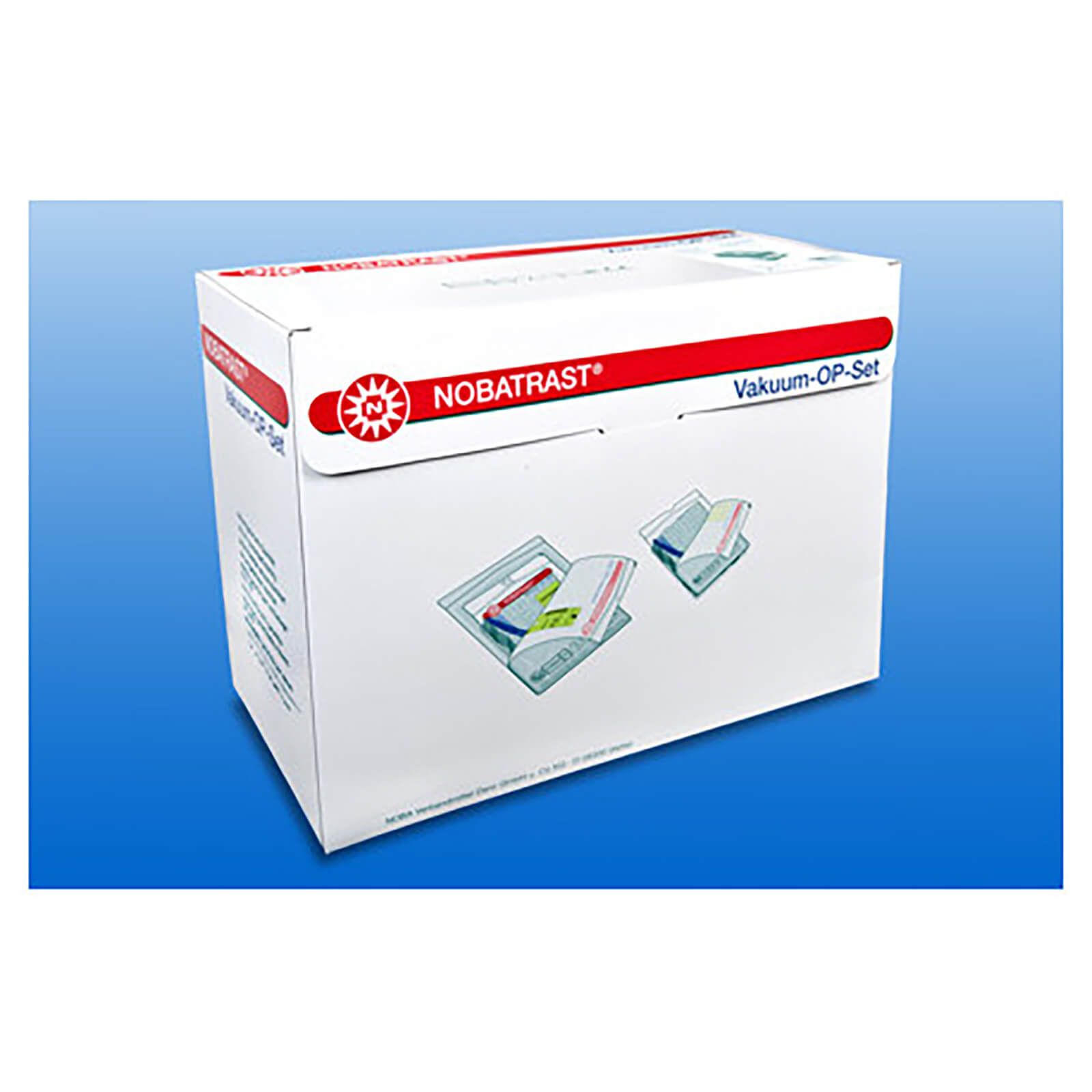 NOBA Nobatrast Vakuum-OP-Set in weißem Karton. Produktabbildung auf der Verpackung. Rote und schwarze Schrift.
