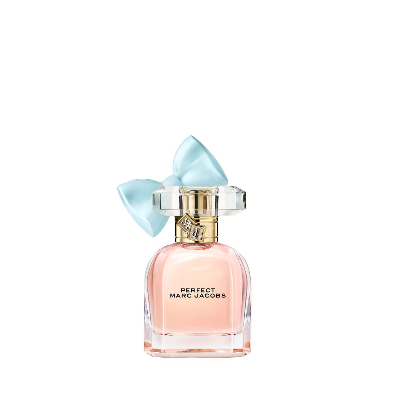 Parfümflakon mit hellblauem Schleifendeckel. Aufschrift: PERFECT MARC JACOBS. Transparenter Glasflakon mit rosa Flüssigkeit.