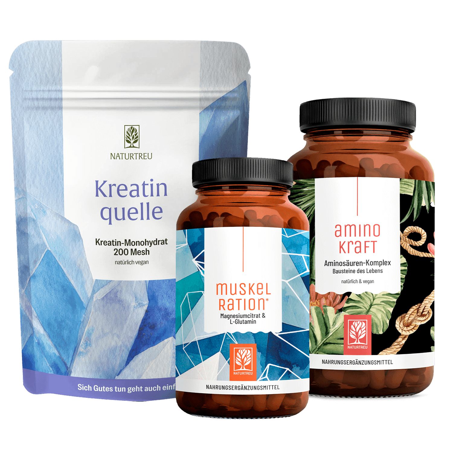 Drei NATURTREU Nahrungsergänzungsmittel: Kreatin Quelle, Muskel Ration und Amino Kraft.