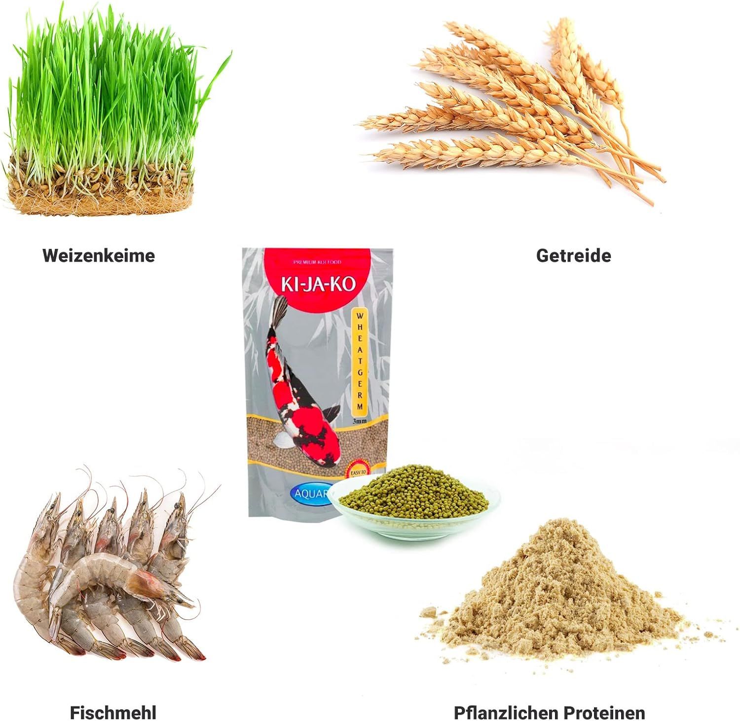 Verschiedene Zutaten für Fischfutter: Weizenkeime, Getreide, Fischfutter, Fischmehl und pflanzliche Proteine.