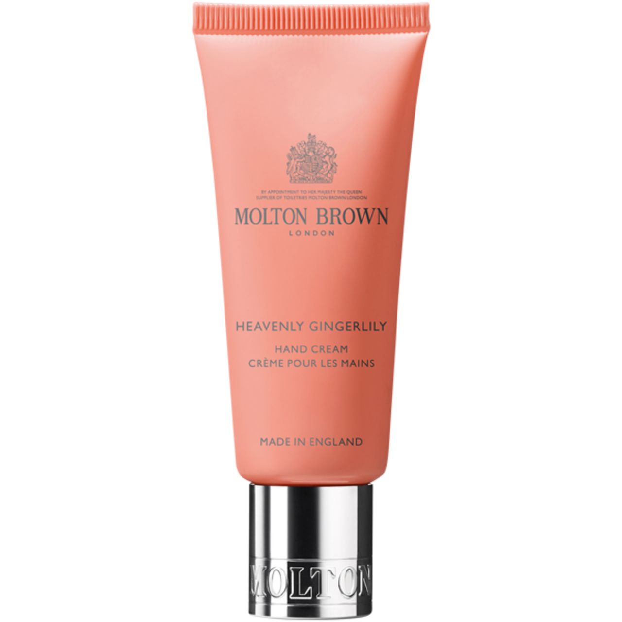 Rosa Tube mit silberner Kappe. Aufschrift: Molton Brown, Heavenly Gingerlily Hand Creme.