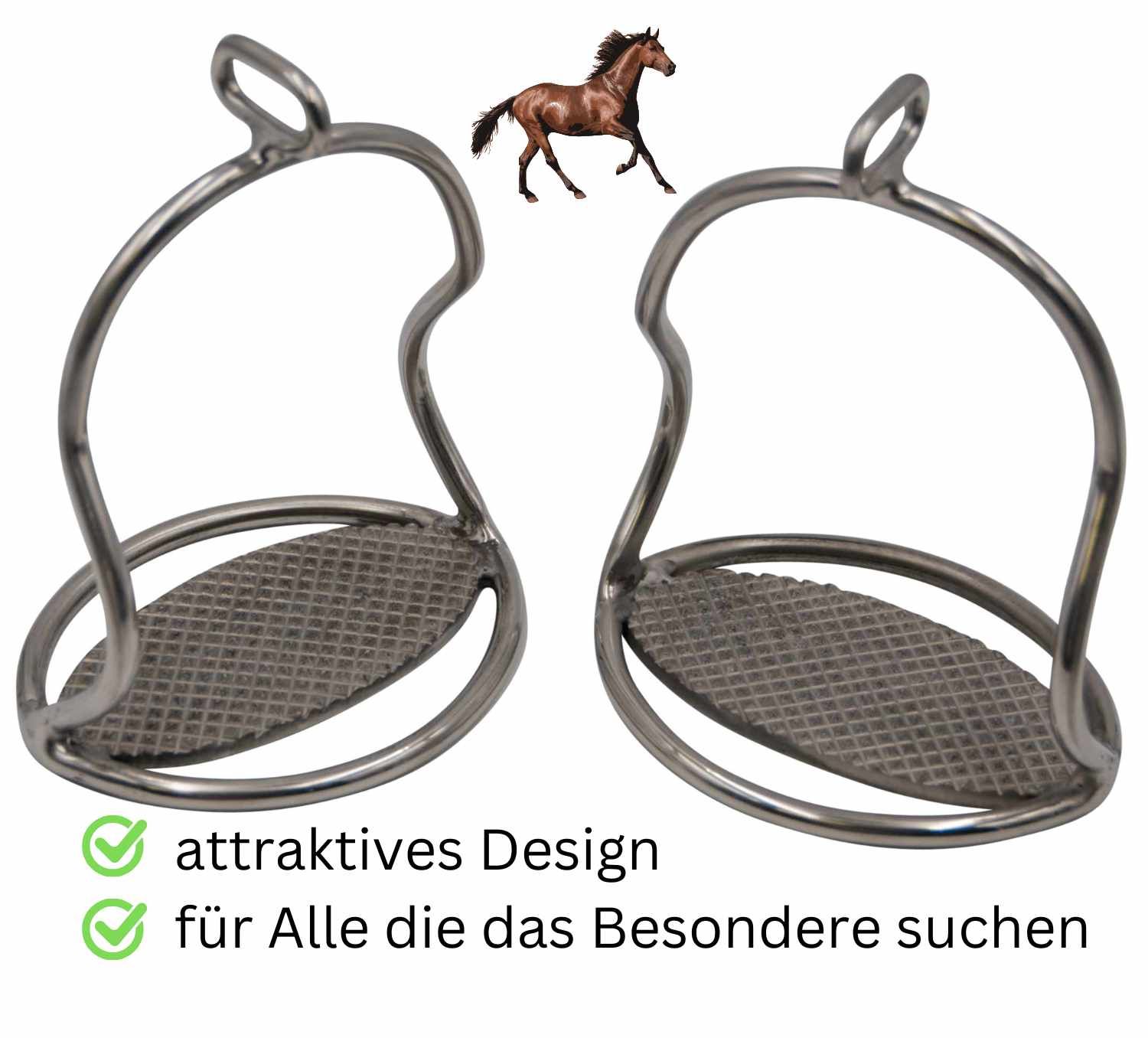 Zwei Steigbügel aus Metall. Rechteckige Trittfläche mit Profil. Text: Attraktives Design, für Alle die das Besondere suchen.