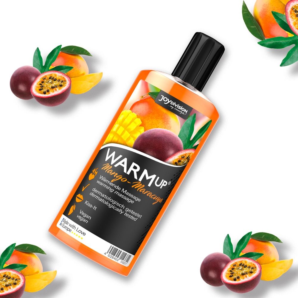 Flasche mit schwarzem Deckel. Aufdruck mit Mango und Maracuja. Text: WARMUP, Mango-Maracuja-Liquid.