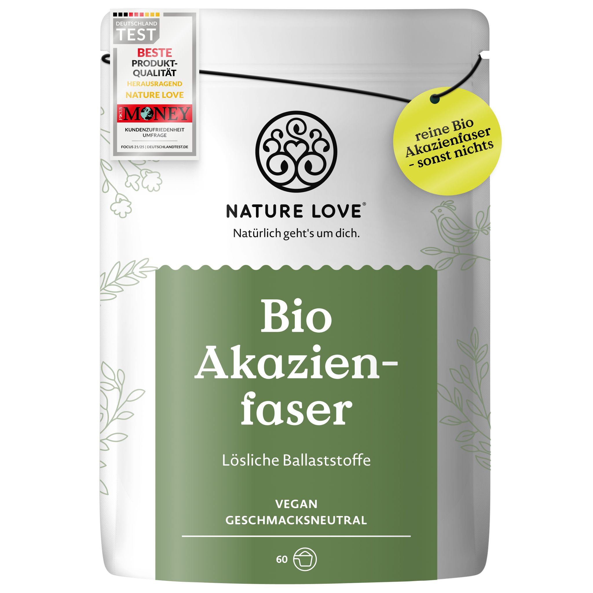 NATURE LOVE Bio Akazienfaser: Lösliche Ballaststoffe, 360g, vegan, geschmacksneutral. 'Reine Bio Akazienfaser - sonst nichts'.