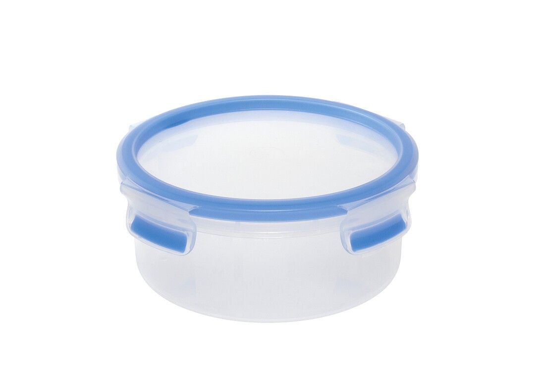 Transparente, runde Frischhaltedose mit blauem Deckel und Clips. Produkt ohne Inhalt.