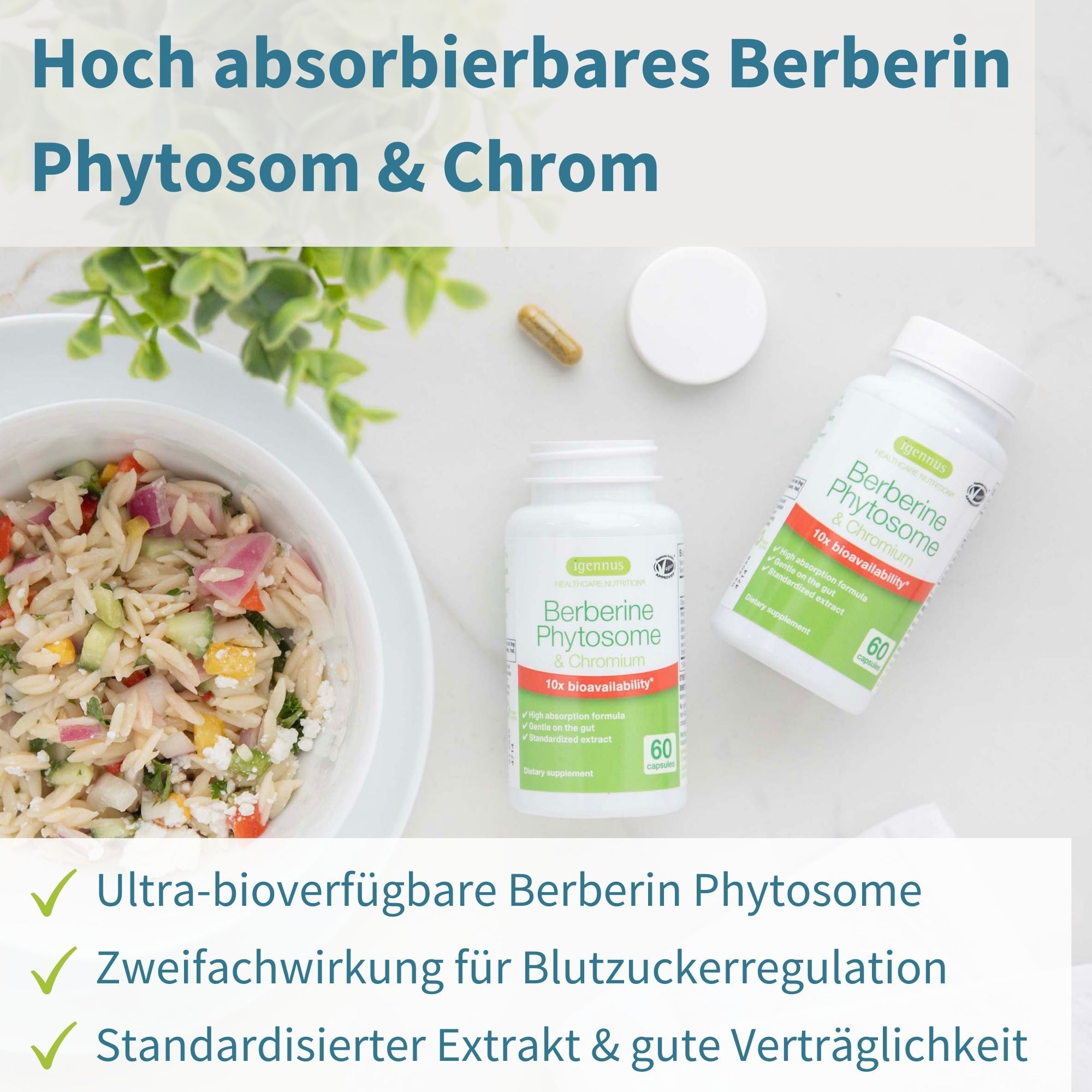 Zwei weiße Flaschen mit Kapseln, eine Kapsel daneben. Text: Berberin Phytosom & Chrom. Aufschrift: 60 Kapseln.