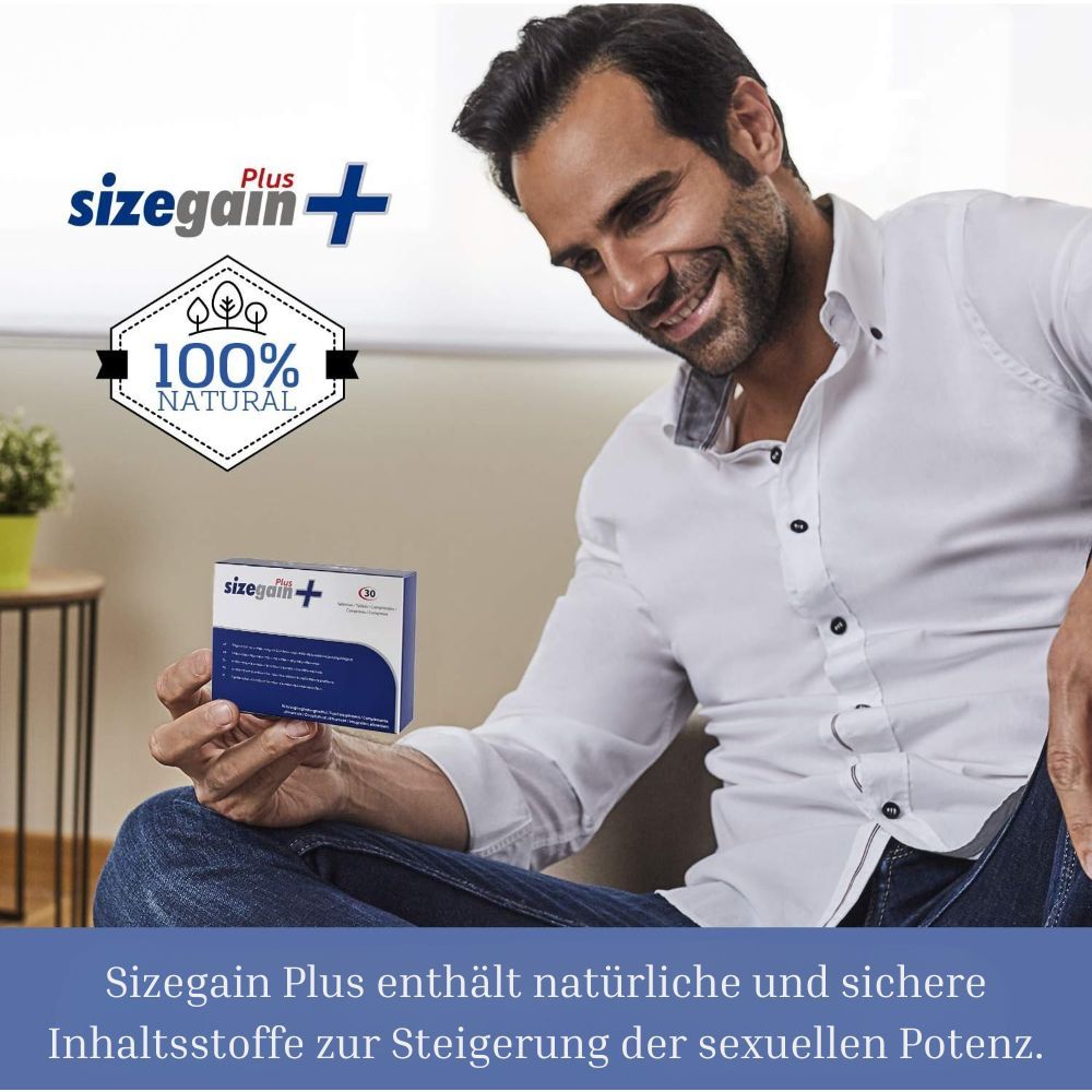 Mann hält Schachtel "SizeGain Plus". Logo "100% Natural". Text über natürliche Inhaltsstoffe.