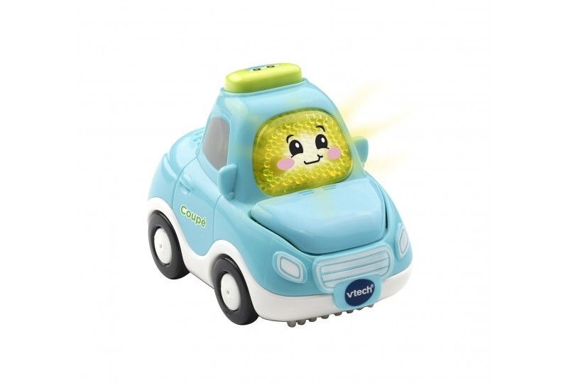Blaues Spielzeug-Coupé mit schwarzen Rädern und gelbem Gesicht. Vtech-Logo sichtbar.