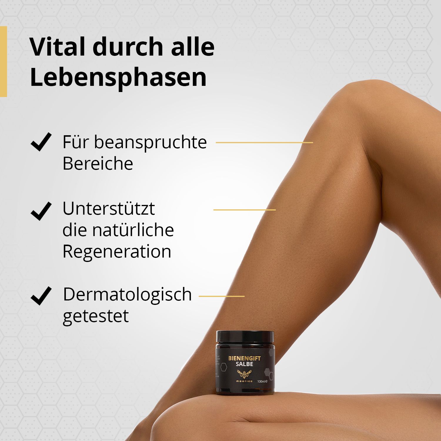 Beine einer Frau. Text: Für beanspruchte Bereiche, unterstützt Regeneration, dermatologisch getestet. Produkt im Hintergrund.