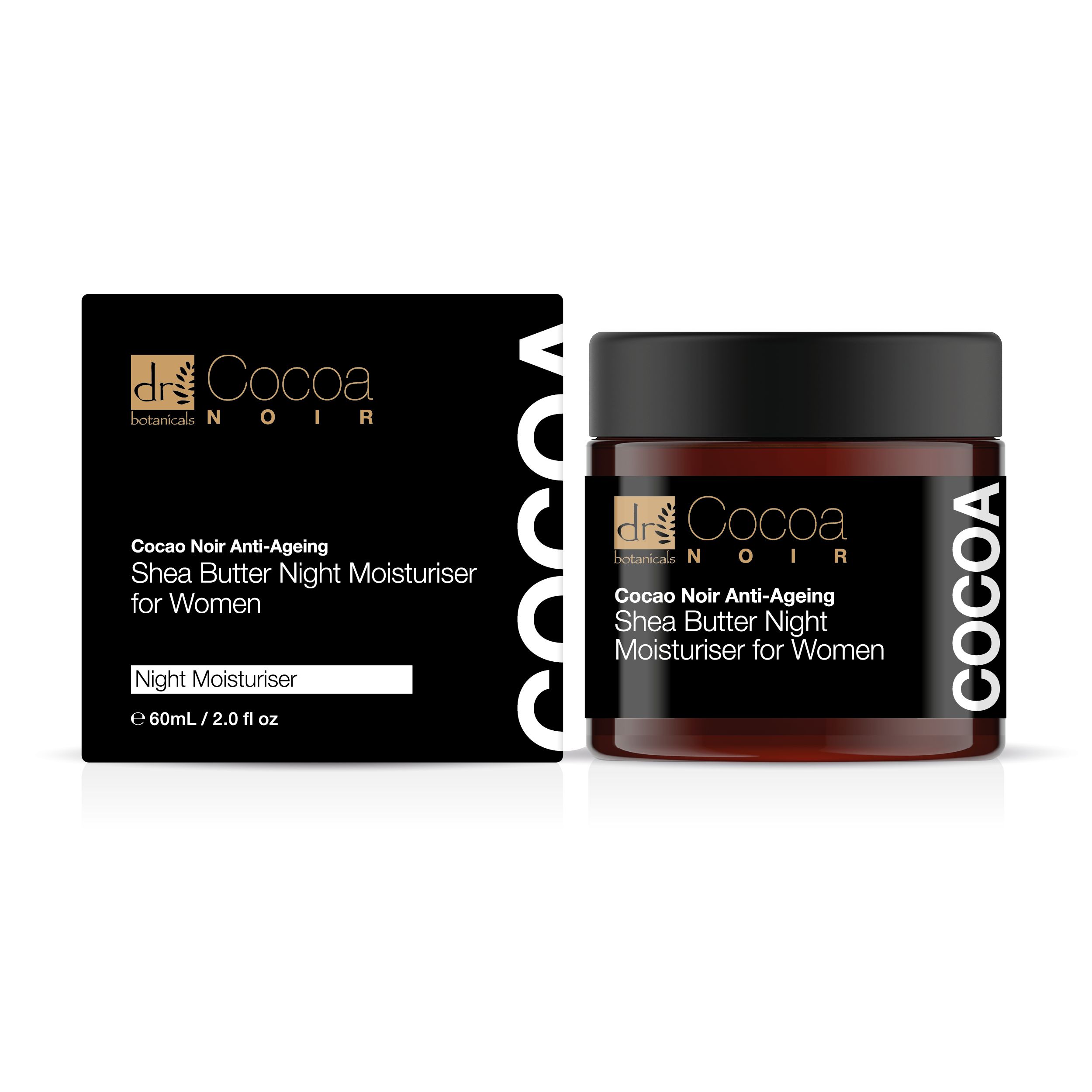 Creme-Tiegel und Schachtel. Schwarzer Deckel, braunes Glas. Aufschrift: Cocoa Noir Anti-Ageing Shea Butter Night Moisturiser for Women.
