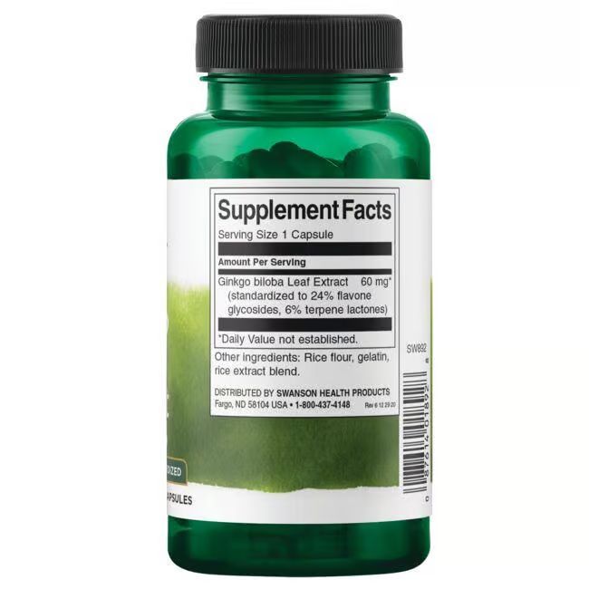 Rückseite einer grünen Flasche mit schwarzem Deckel. Aufschrift: Supplement Facts. Enthält Ginkgo Biloba Extrakt.