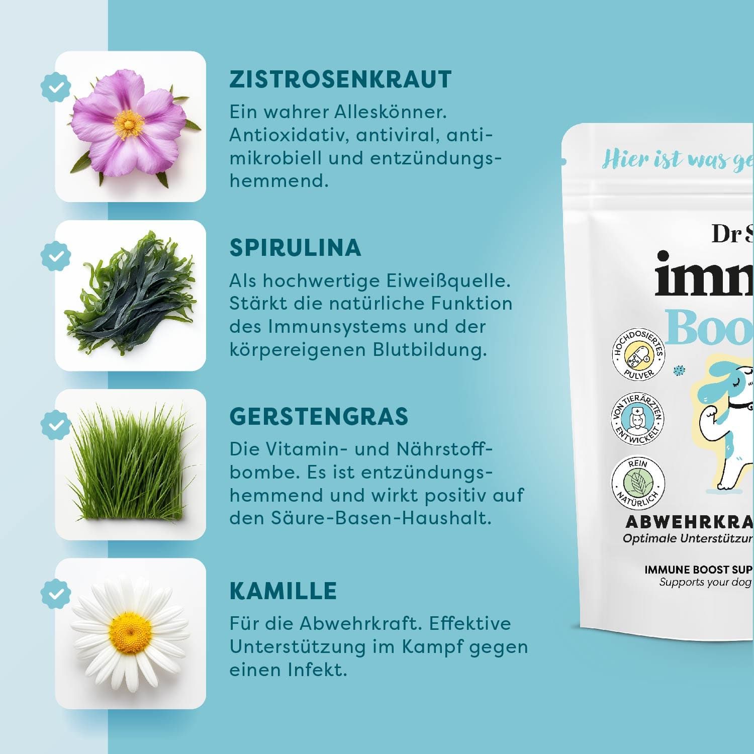 Dr. SAM ImmunBooster Dog Beutel neben Zutaten: Zistrosenkraut, Spirulina, Gerstengras, Kamille. Text: Immun Booster, Abwehrkraftspulver.