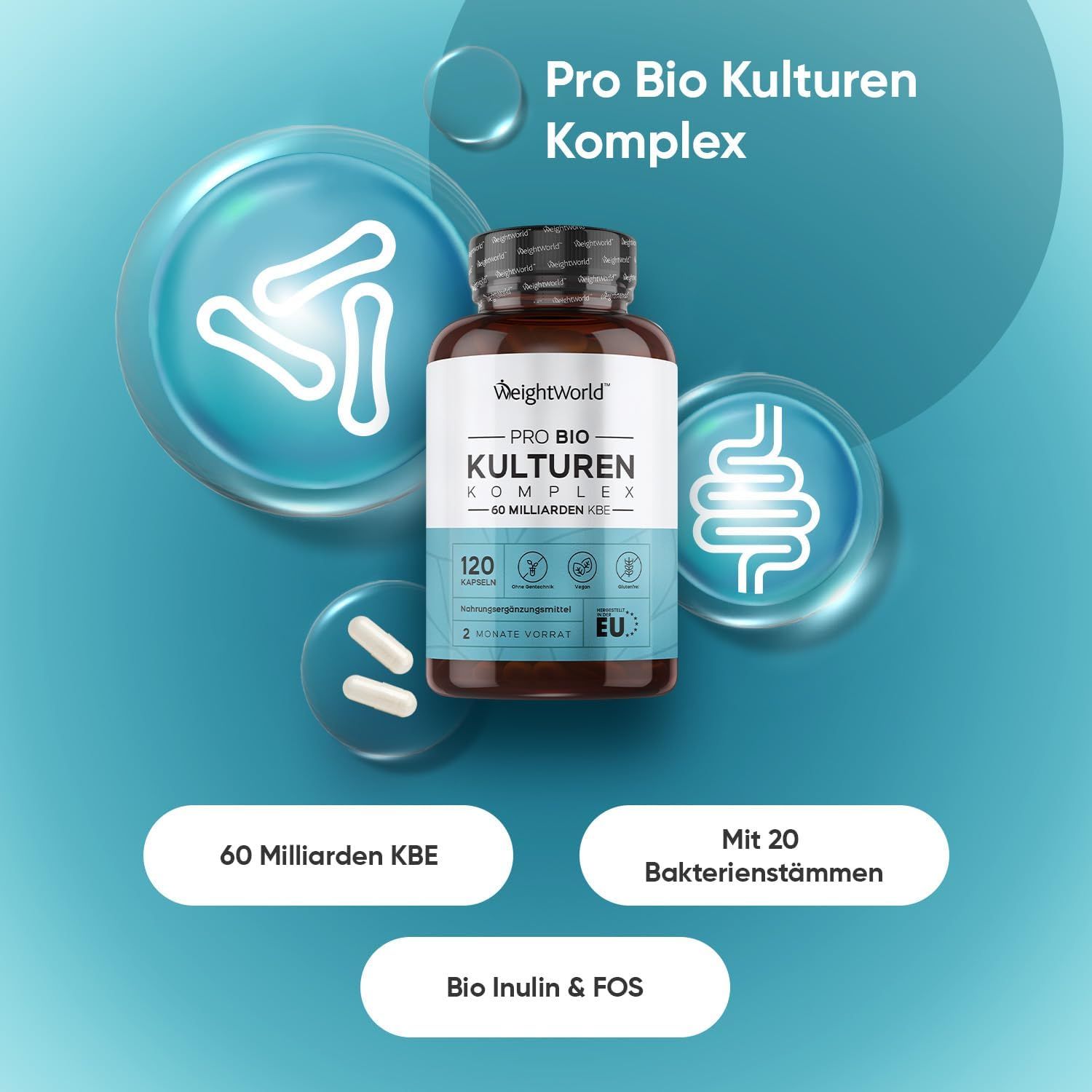 Produktflasche mit Kapseln und Illustrationen. Text: Pro Bio Kulturen Komplex, 60 Milliarden KBE, 20 Bakterienstämme, Bio Inulin & FOS.