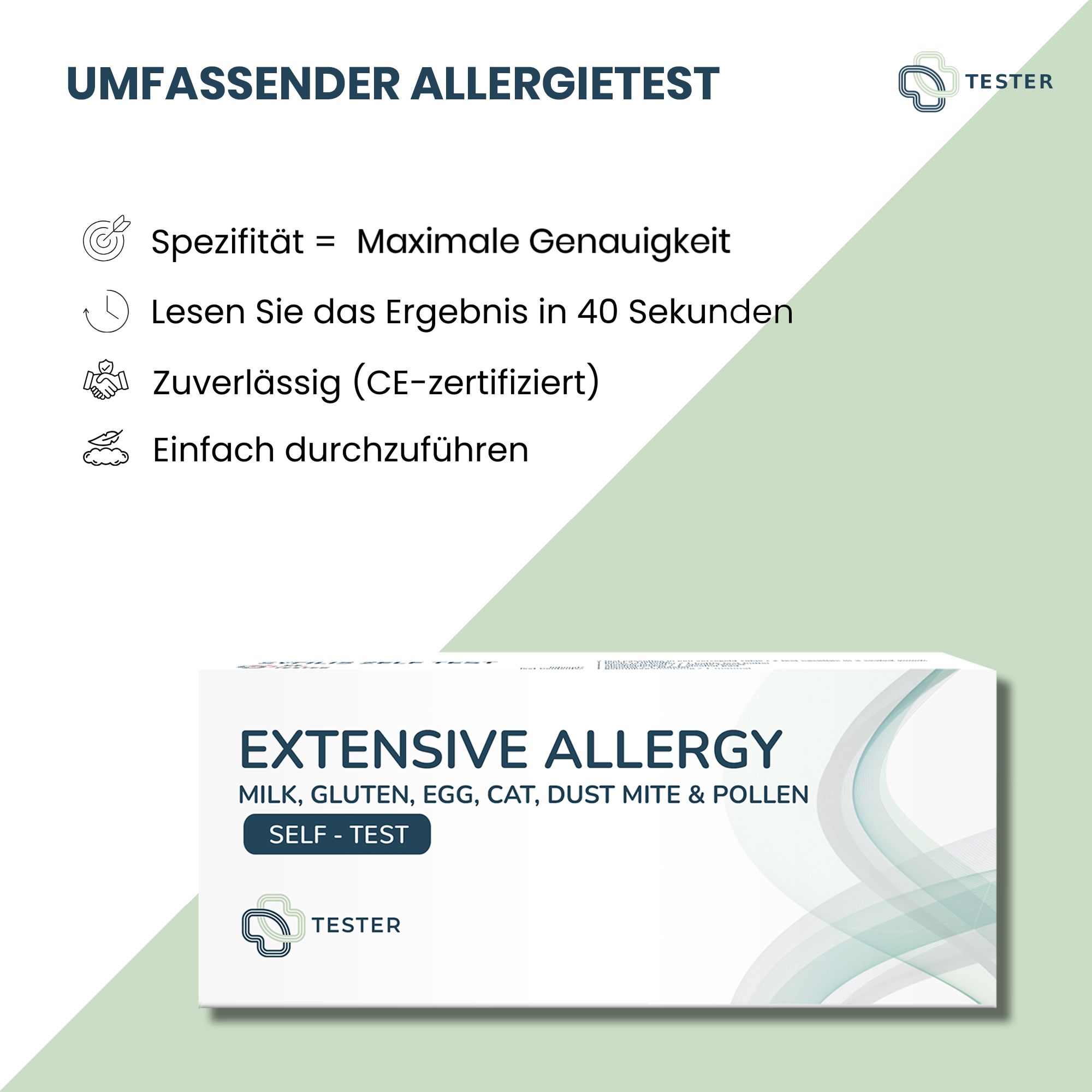 Produktverpackung mit Text: 'UMFASSENDER ALLERGIETEST'. Informationen zu Spezifität, Ergebniszeit, Zuverlässigkeit und Anwendung.