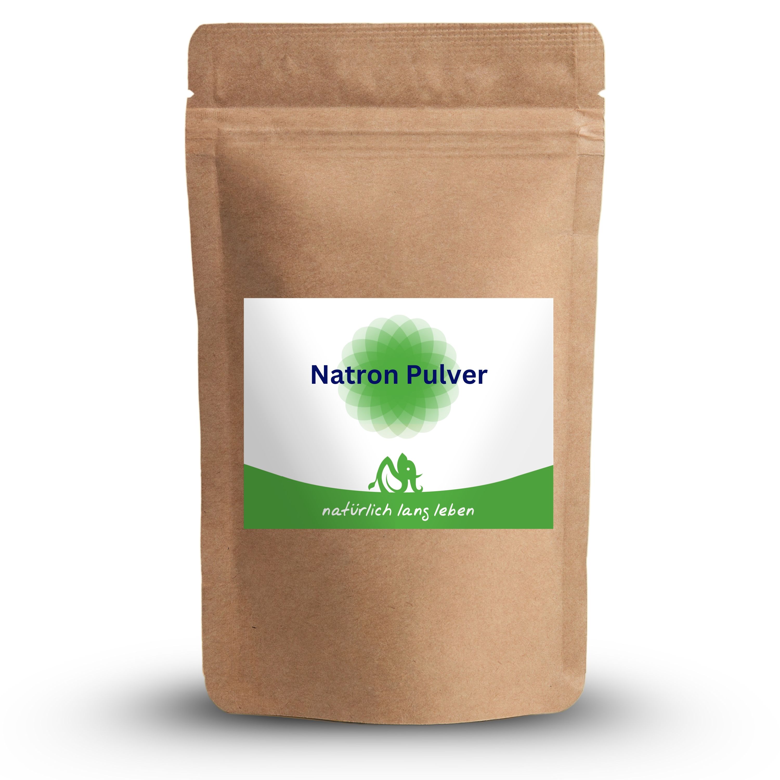 Braune Papierverpackung mit Etikett. Etikett mit grünem Logo und Text "Natron Pulver". Unter dem Logo steht "natürlich lang leben".