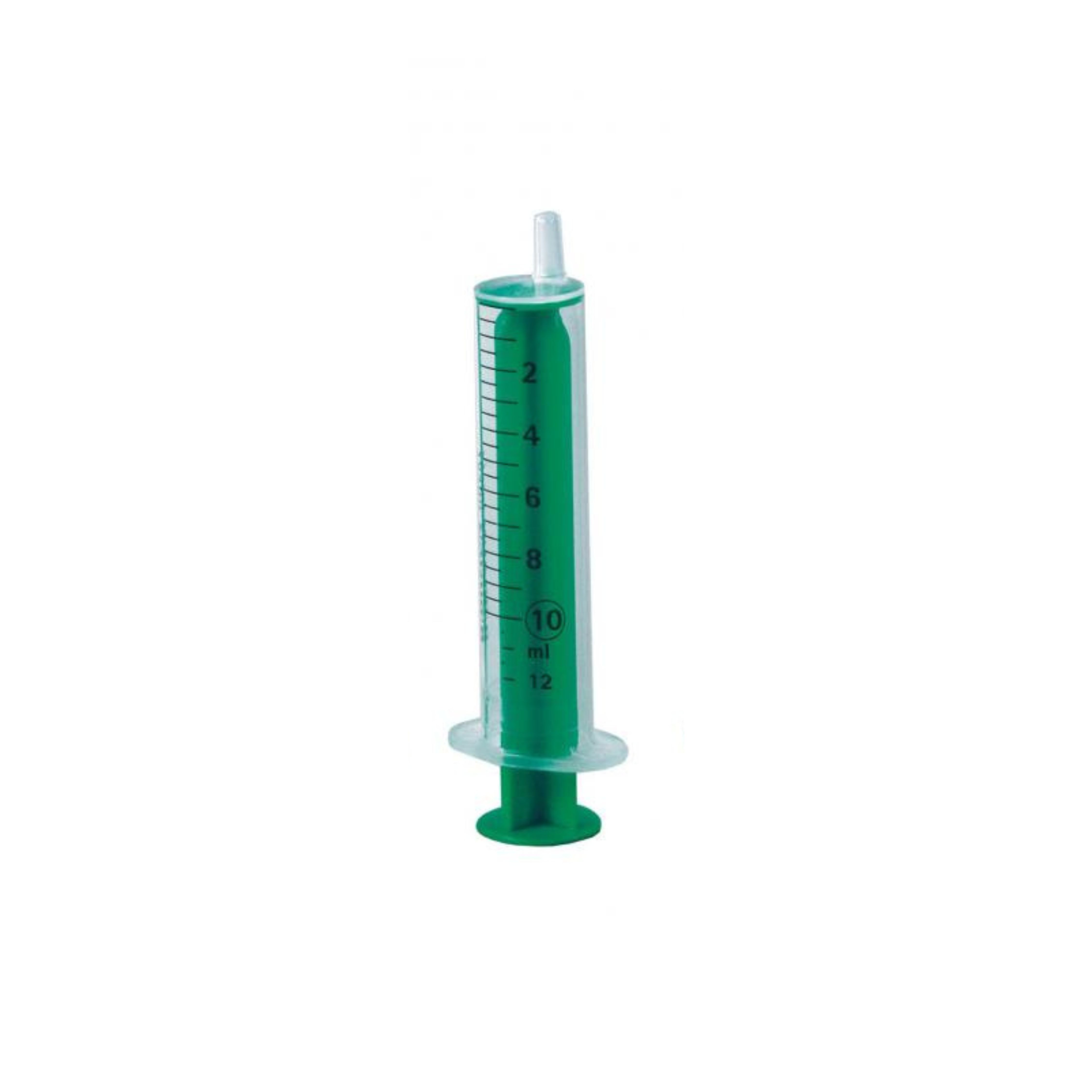 Transparente Spritze mit grünen Elementen. Skala bis 12 ml. Grüne Spitze.