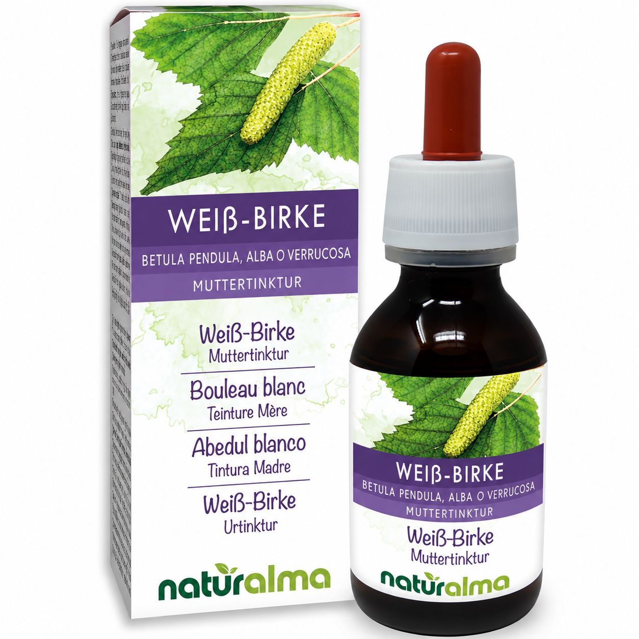 Flasche Weiß-Birke Urtinktur von Naturalma mit Pipette.