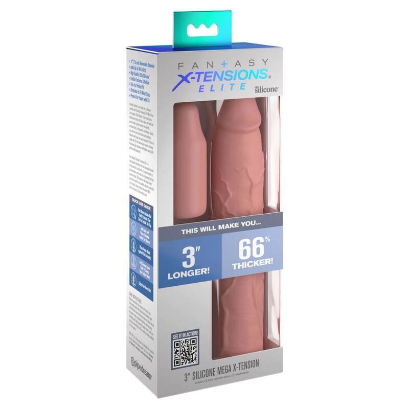 Verpackung mit zwei Silikon-Penisverlängerungen. Text: Fantasy X-Tensions Elite, 3" Longer, 66% Thicker. Marke: Pipedreams.