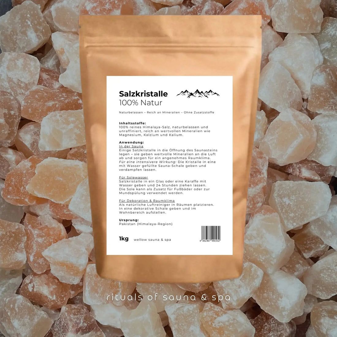 Beutel mit Salzbrocken. Text: 100% Natur. Rituals of sauna & spa. 1kg. Berge-Symbol.