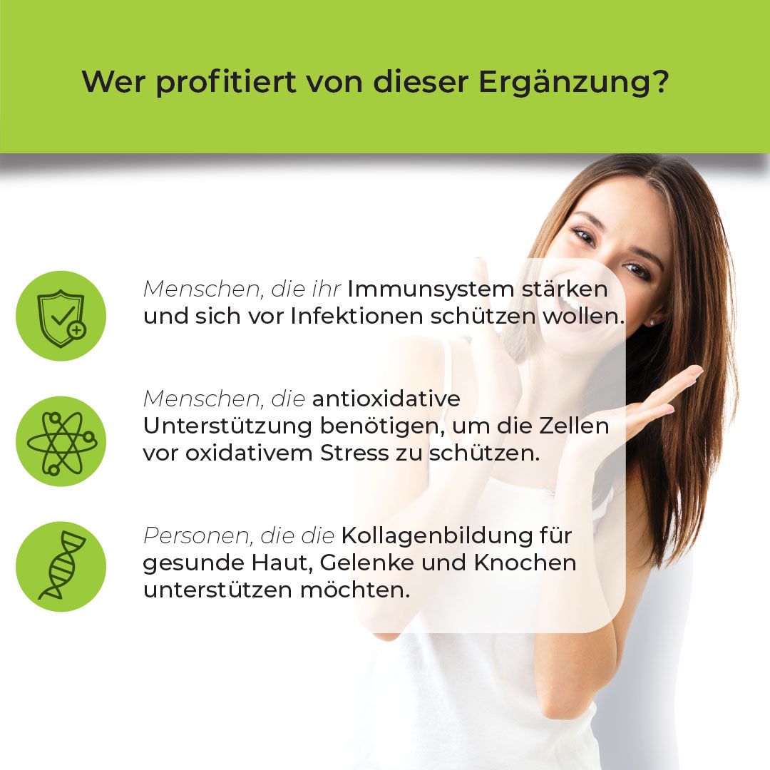Frau mit Text: Menschen, die ihr Immunsystem stärken wollen. Menschen, die antioxidative Unterstützung benötigen. Personen, die Kollagenbildung wollen.