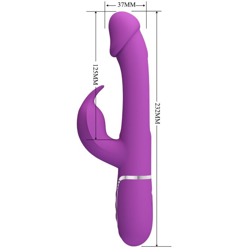 Lila Kaninchen-Vibrator mit Maßangaben: 232mm Länge, 37mm Breite, 125mm Höhe.